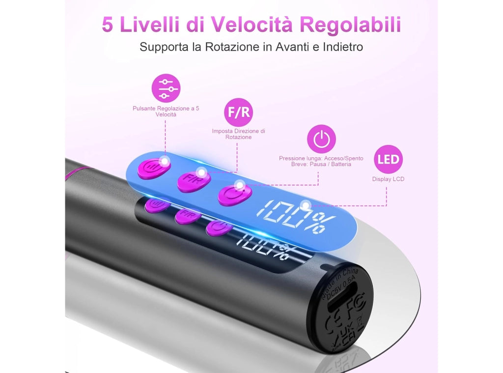 Fresa per Unghie Professionale 12 in 1 con Display LCD Trapano Elettrico 35000 RPM a 5 Velocità per Ricostruzione Gel e Acrilico Manicure e Pedicure - POFIBO