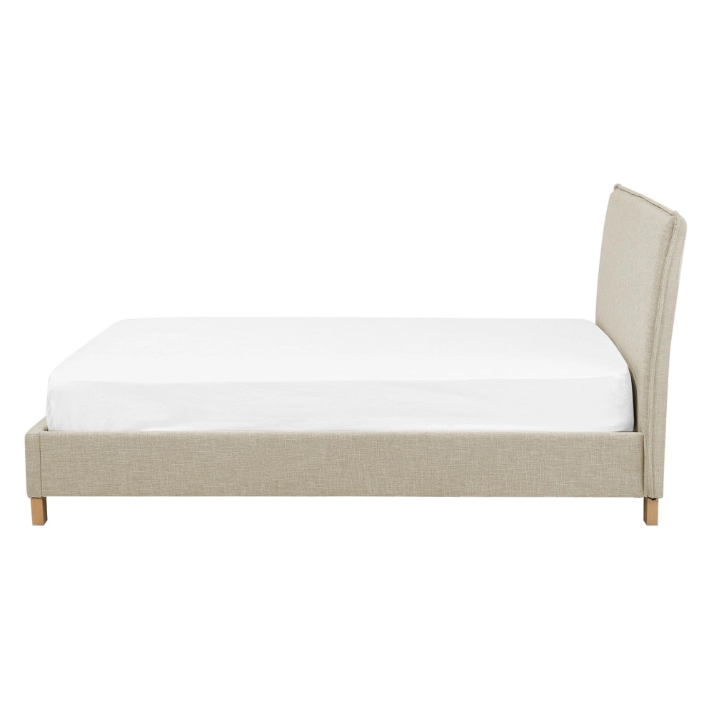 Letto rivestimento in tessuto beige Gambe in legno Dimensioni doppie 140 cm 6 a doghe con testiera Stile scandinavo minimalista