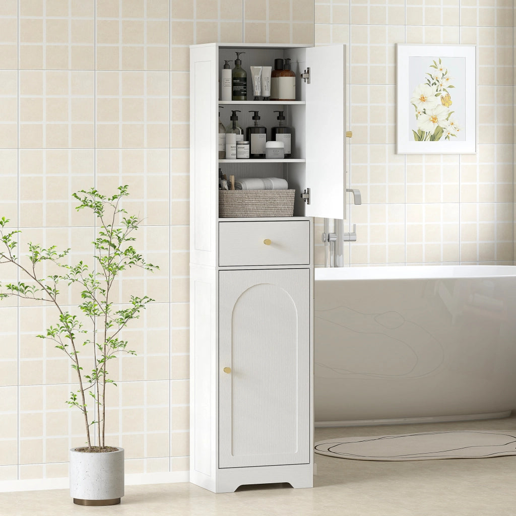 Armadio Bagno Stretto con 2 Porte, Cassetto e Ripiani Ajustables ¨C Minimal ¨C 40x29,5x170 cm Bianco Veteado