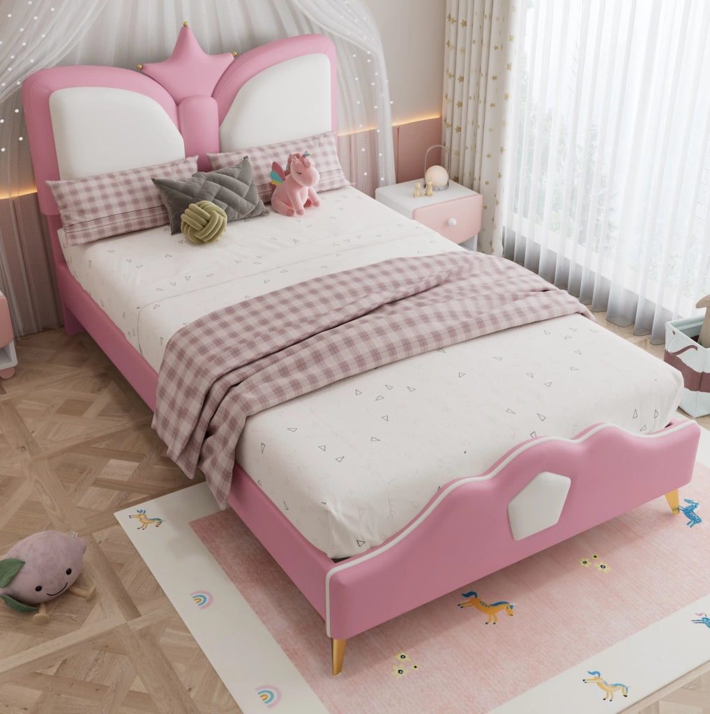 Letto imbottito 90x200 cm con testiera a corona in PU rosa e bianco