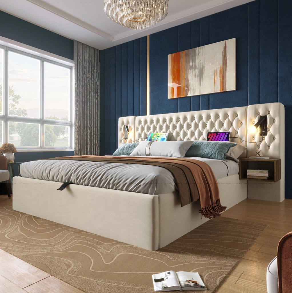 Bettgestell 180x200 cm con contenitore idraulico; 2 comodini; luci lettura USB e Type-C; beige