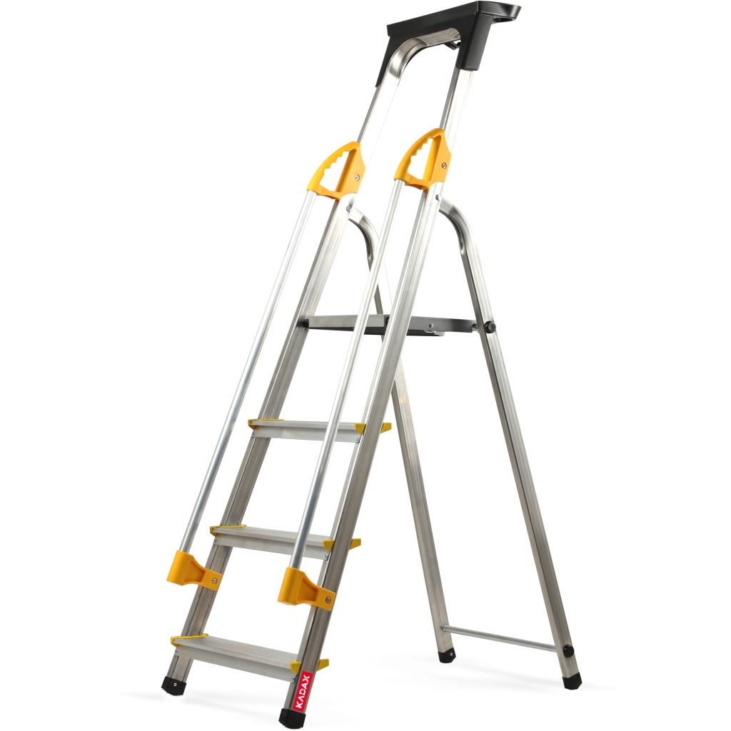 Scala domestica pieghevole in alluminio KADAX a 4 gradini con corrimano, portata massima 150 kg.