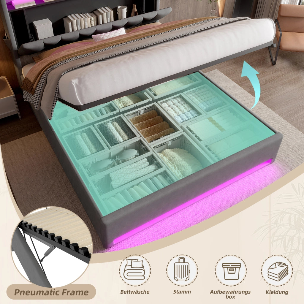 LETTO imbottito 140x200 cm in velluto grigio scuro con LED, USB Type-C e contenitore