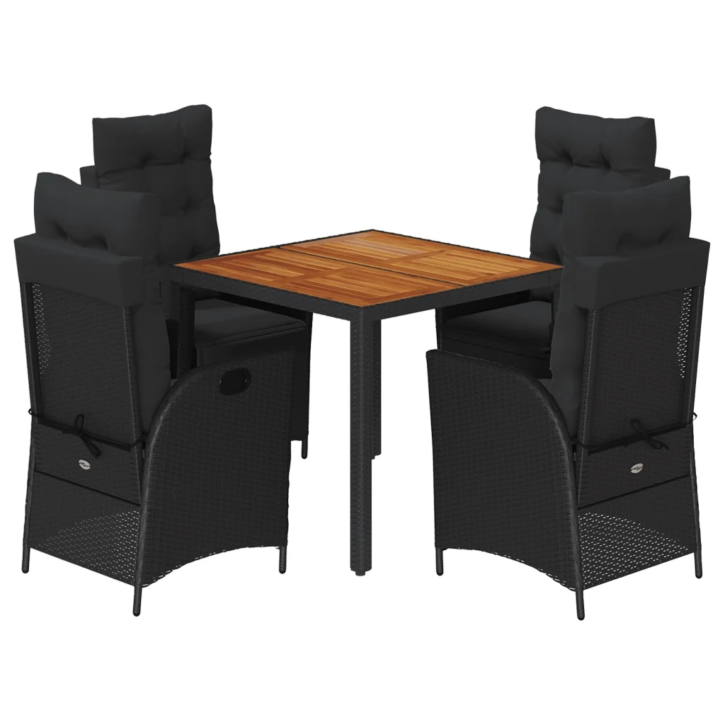 Set da Pranzo da Giardino 5 pz Nero con Cuscini in Polyrattan