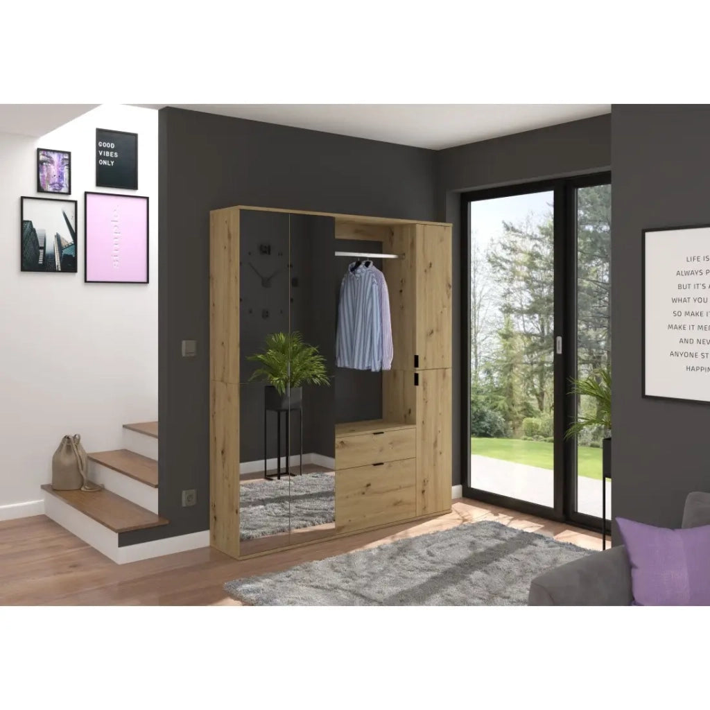 Armadio con 6 porte con specchi + appendiabiti e cassetti - Rovere chiaro - BODITE