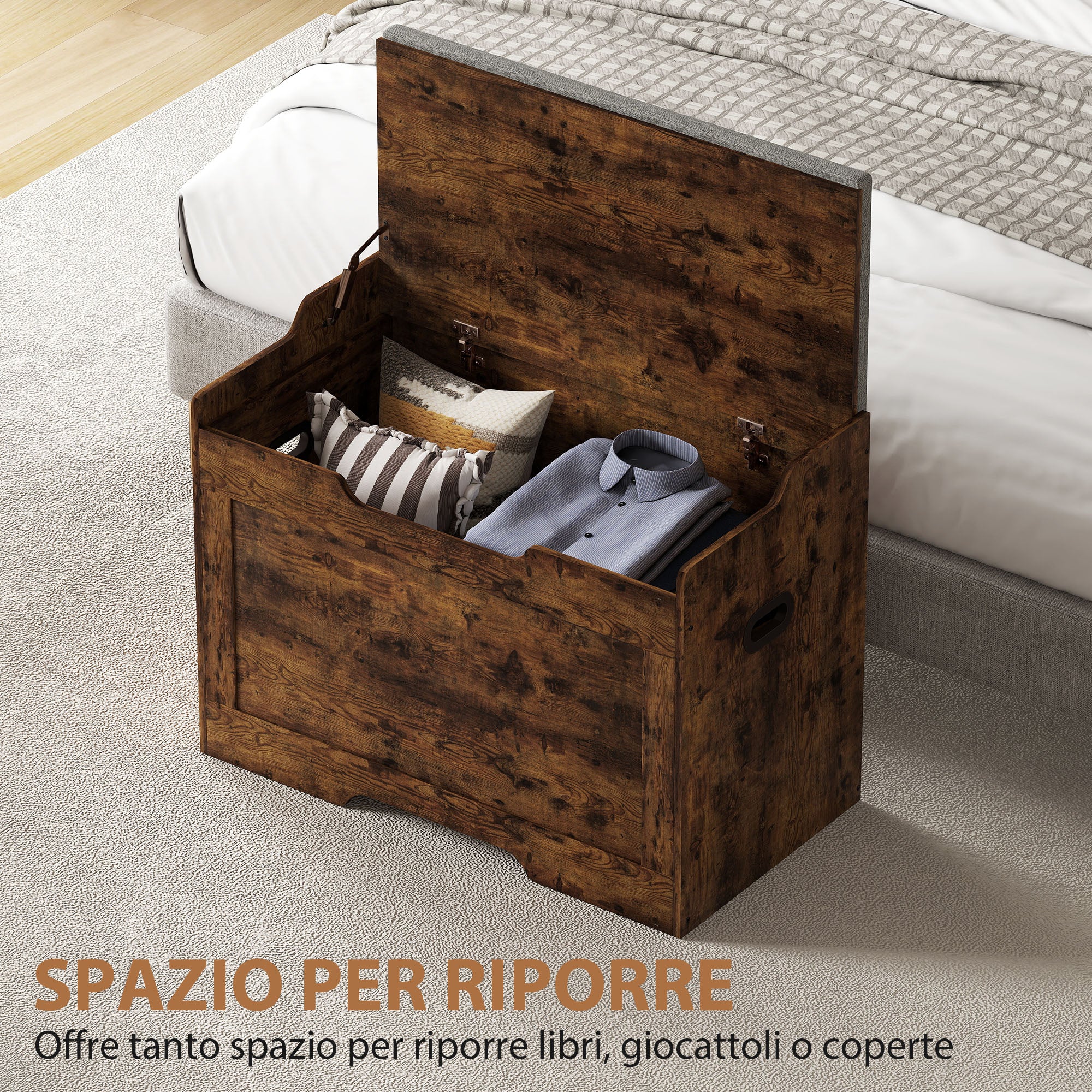 Panca Contenitore da 103L Multifunzione 75x40x56 cm color Legno con Cuscino in Tessuto Grigio
