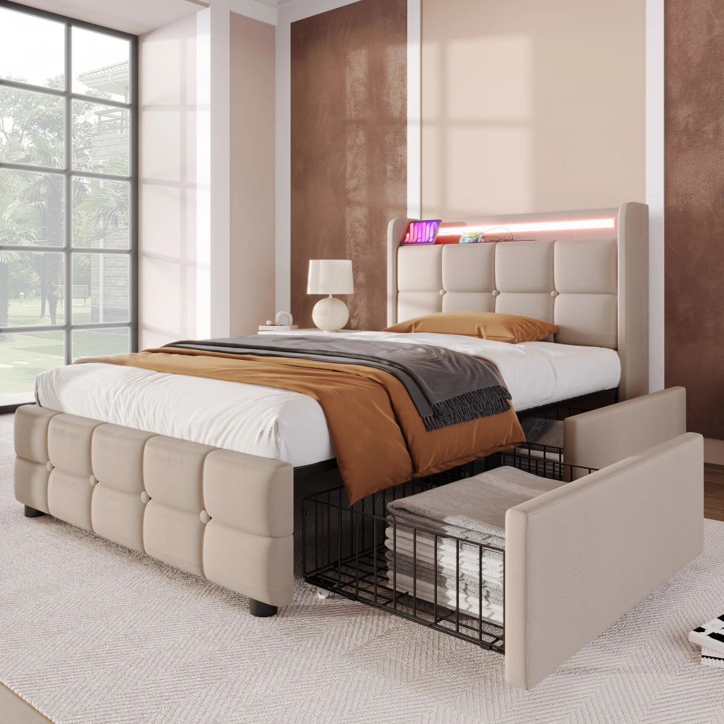 Letto Imbottito Singolo con LED, USB e Cassetti ¨C MINIMAL ¨C Beige, 90x200 cm