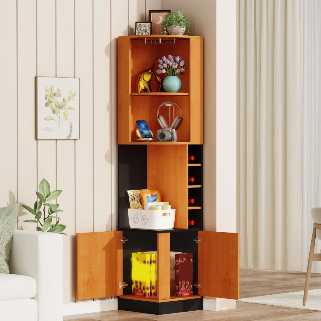 Mobile angolare portabottiglie e portacalici 40x40x182 cm in MDF, con vani aperti e credenza chiusa