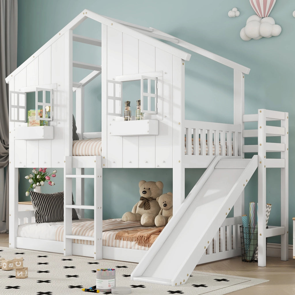 Letto a castello con scivolo in legno massello e MDF 90x200 cm