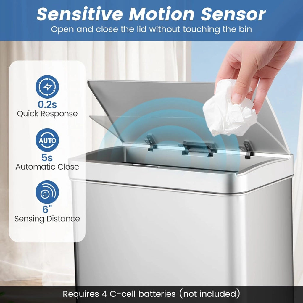 Pattumiera in Acciaio Inox 56L con 3 Scomparti, Bidone della Spazzatura con Sensore di Movimento, Controllo Touch Screen, Pattumiera con Coperchio Ribaltabile, Divisore Rimovibile (Argento)