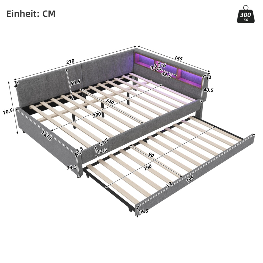 Letto da giorno estraibile 140x200 cm grigio con LED e USB