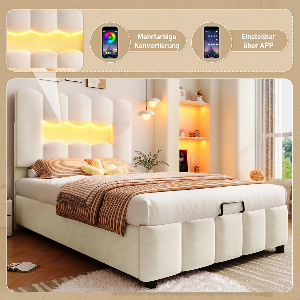 LETTO Contenitore 90x200 cm in velluto beige con LED e testiera regolabile