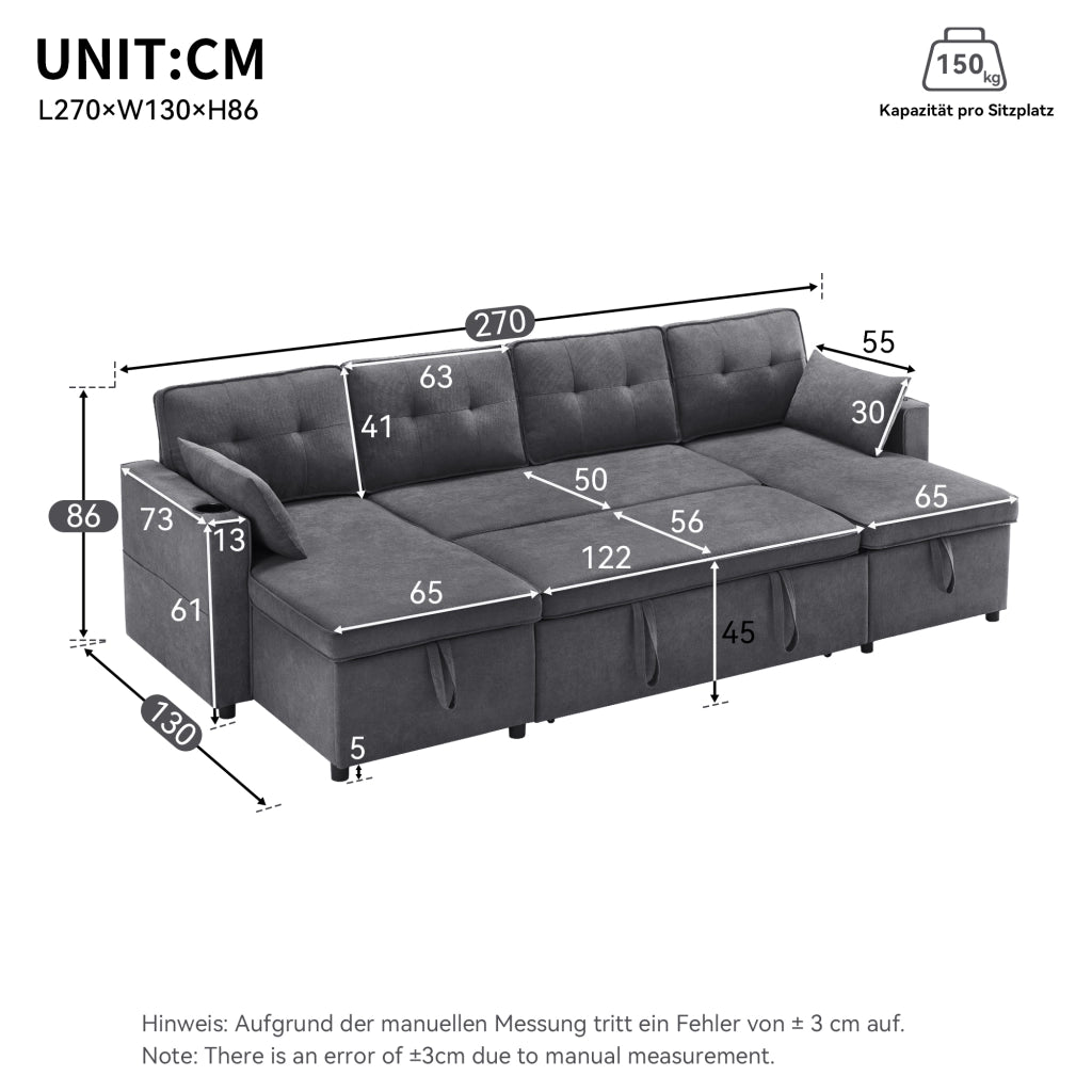 Divano Letto Panoramico A U 4-5 Posti con Vani Contenitore; Portabicchieri e Tasche Laterali in Cotone Lino Grigio