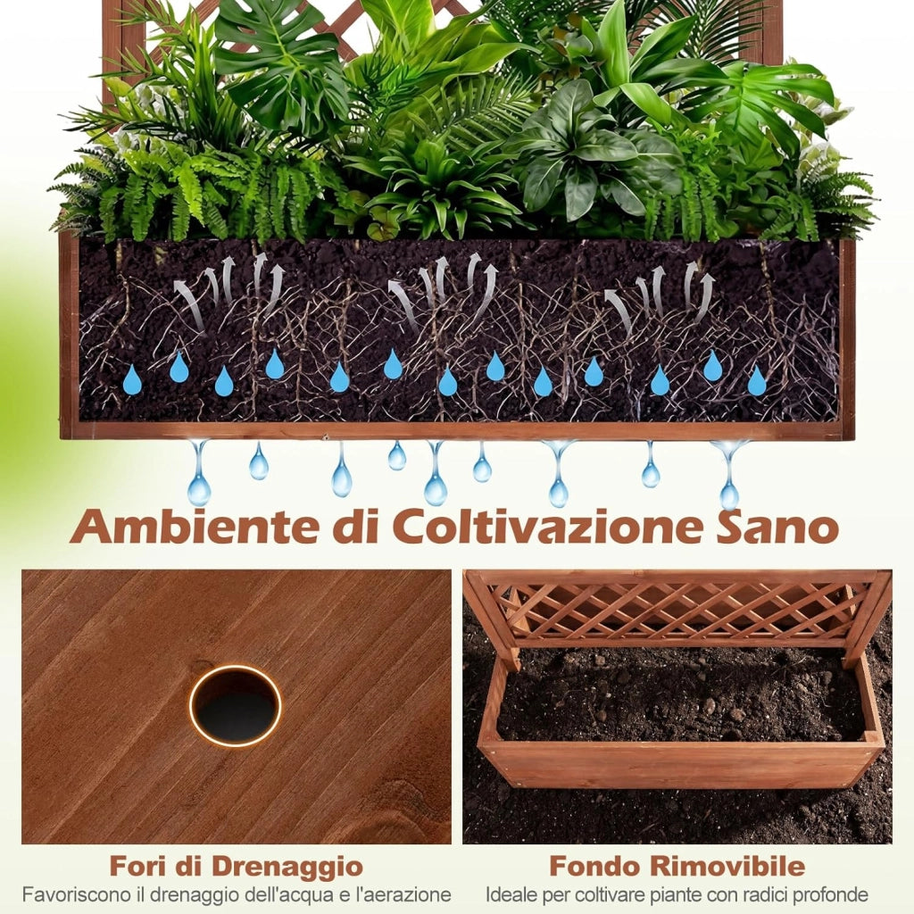 Letto da Giardino con Traliccio, Fioriera Rialzata in Legno con Spalliera, Fori di Drenaggio e Fondo Rimovibile, Aiuola Elevata con Griglia per Piante Rampicanti e Verdure