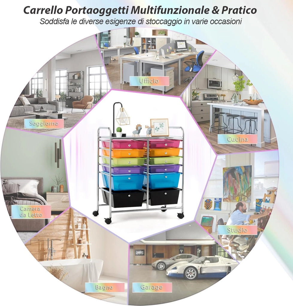 Carrello con 12 Cassetti con Ruote, Carrello di Stoccaggio Multiuso con Ampio Spazio di Archiviazione, Ideale per Casa Ufficio Domestico, 73,5 x 37 x 63 cm (Colorato trasparente)