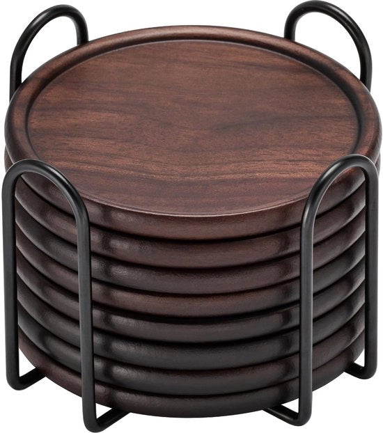 Set di 8 sottopiedini in legno con supporto metallico per bicchieri, tavolo da ufficio, tavolo da caffè, casa, cucina, ufficio, bar, protezione, soggiorno, decorazione, noce, sottopiedini 4 pollici