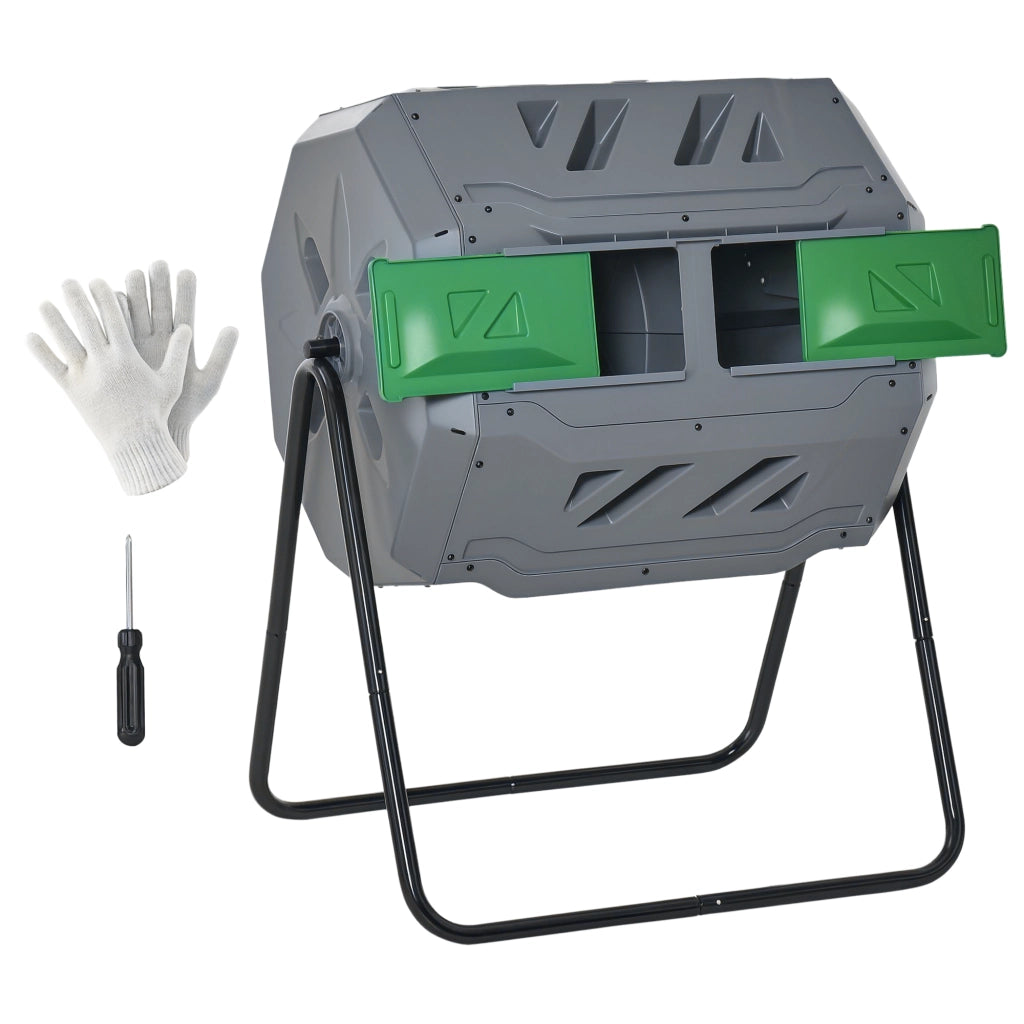 Compostiera da Giardino Girevole a 2 Sezioni con 8 Prese d'Aria, in Acciaio e PP, 71x65x96 cm, Grigio