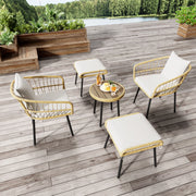 Set salotto giardino 5 pezzi: tavolo pranzo + 2 sedie + 2 sgabelli; rattan; naturale