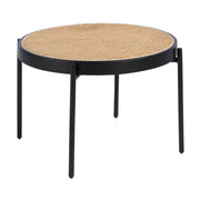 Tavolino rotondo in rattan, legno nero e acciaio nero