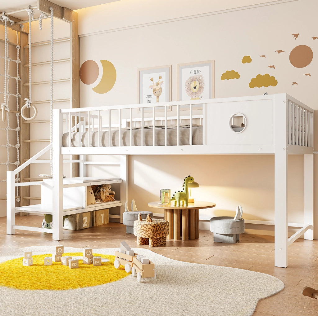 Letto a castello basso per bambini e ragazzi 90x200 cm in metallo bianco con scala contenitore
