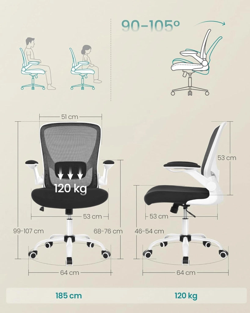 SONGMICS Sedia da Ufficio Girevole, Sedia di Rete da Computer Ergonomica, Supporto Lombare, Oscillante, Seduta 53 cm, Braccioli Pieghevoli, Bianco e Nero OBN37WT