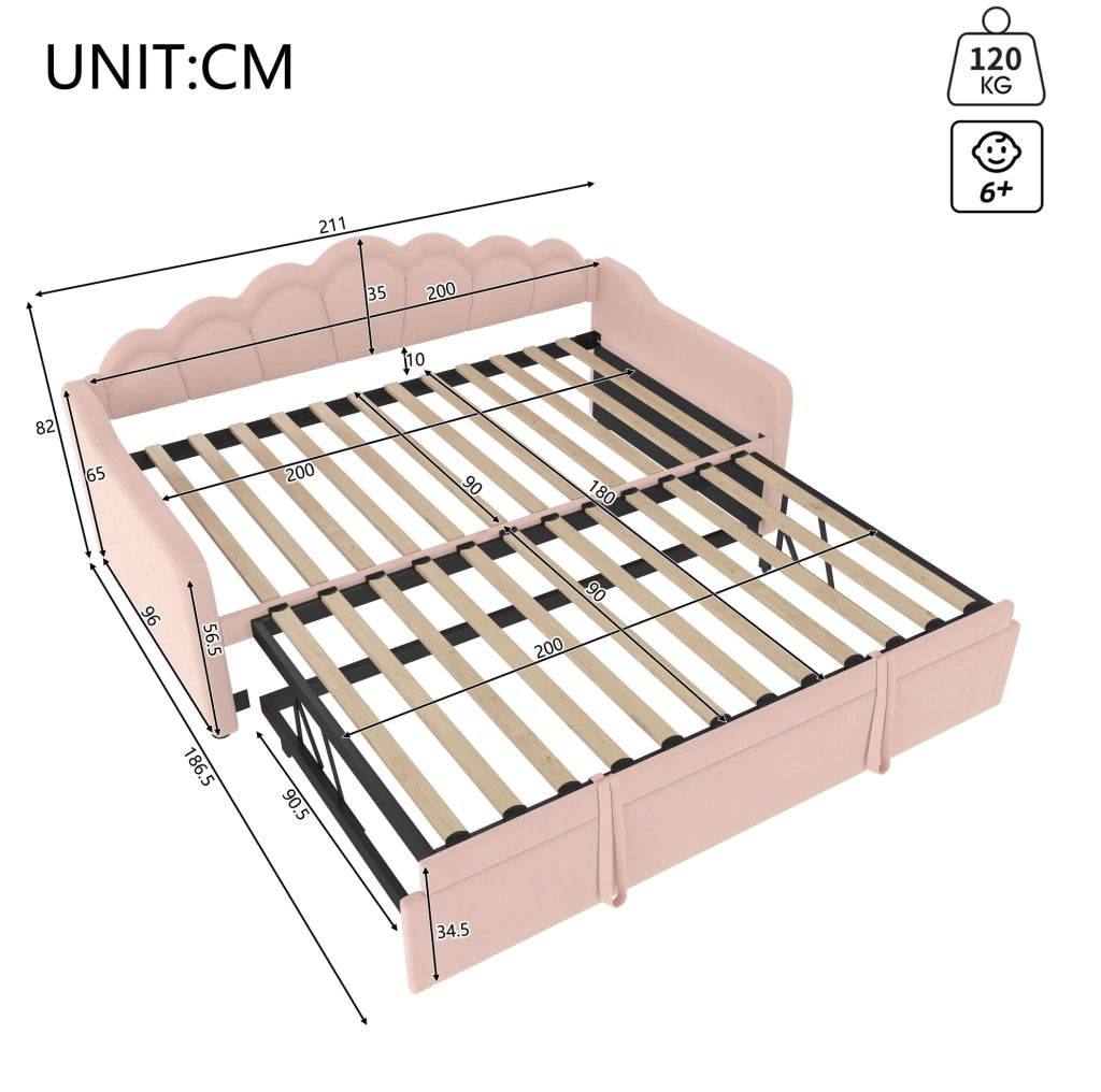 Letto singolo estraibile 90x200 cm con LED multicolore in velluto rosa