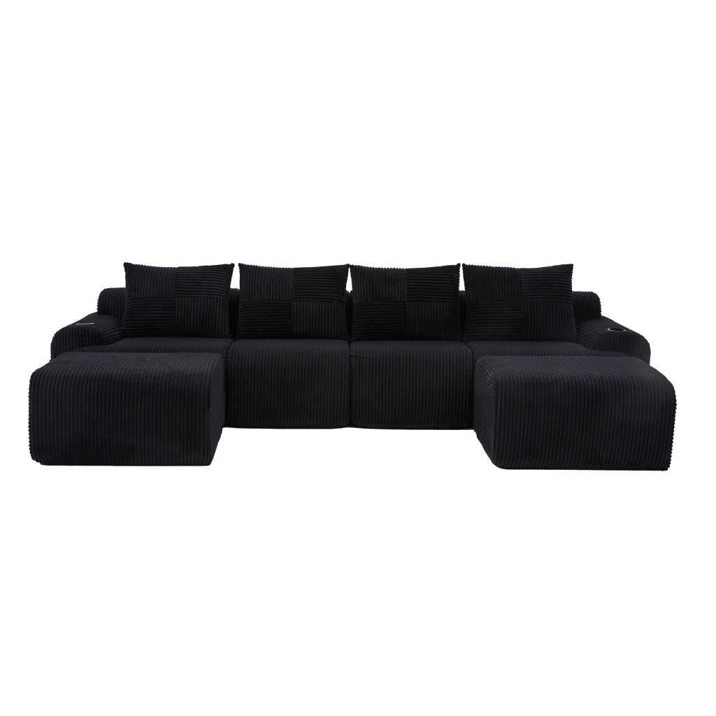 Divano modulare 4 posti con portabicchieri e tasca laterale in tessuto corduroy per soggiorno nero 333 × 174 × 80 cm