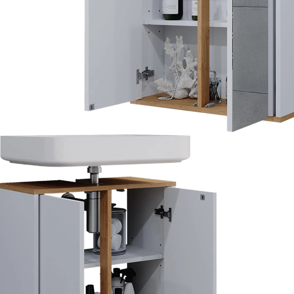 Set mobili bagno Didi, Bianco/Artisan, 60 cm, composto da set con armadietto a specchio, base lavabo, 2 pensili medi e colonna