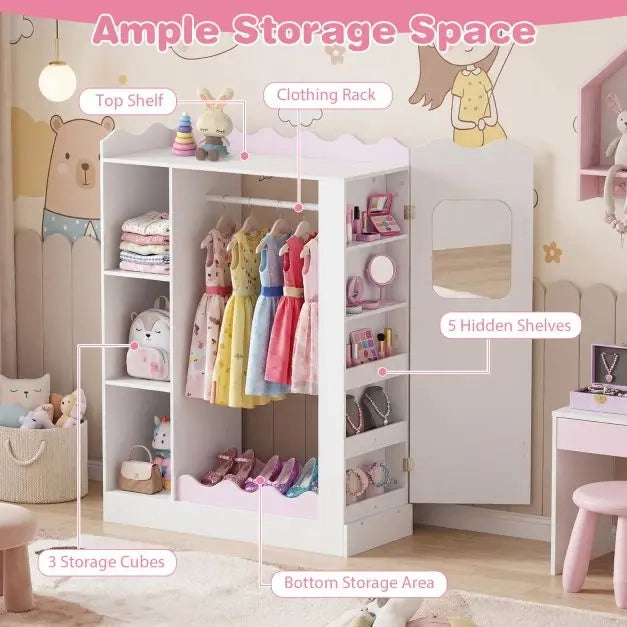 Armadio appendiabiti per bambini con specchi e ripiani rosa per cameretta organizzatore vestiti e giochi