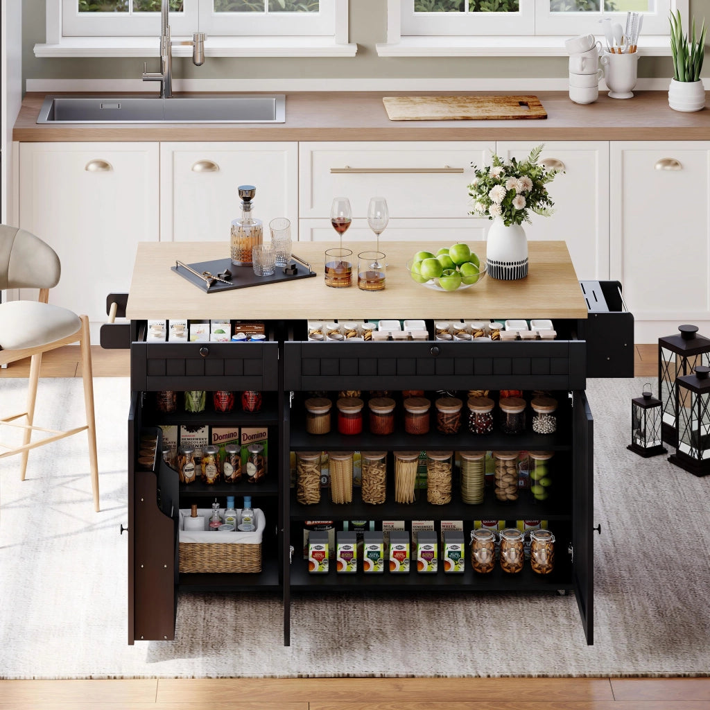 Isola da Cucina Mobile 137x45/70x89,5 cm Nera e Legno con Piano Ribaltabile, 2 Cassetti e 6 Ruote