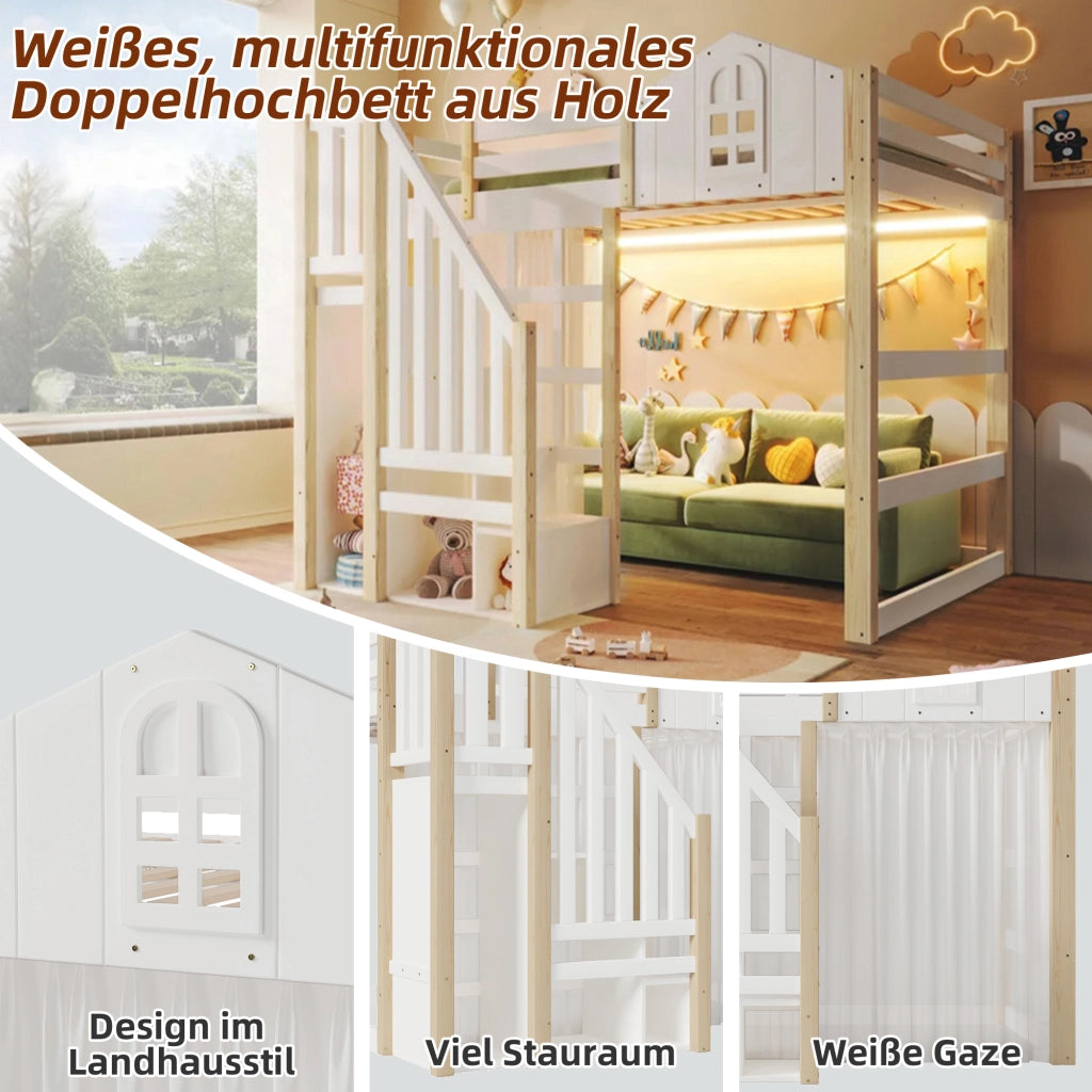 DESMIU Letto a soppalco per bambini 140 × 200 cm 2 posti con LED, scala contenitore e tenda, senza materasso