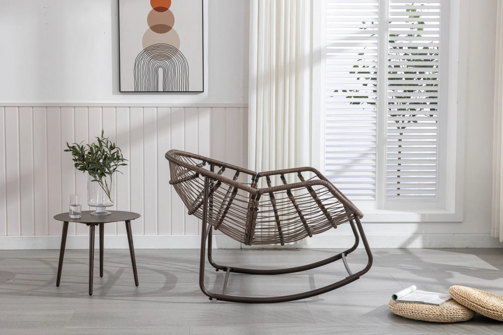 Rocking-chair in rattan sintetico con struttura in acciaio e design ergonomico, verde oliva 78 × 106 × 90 cm