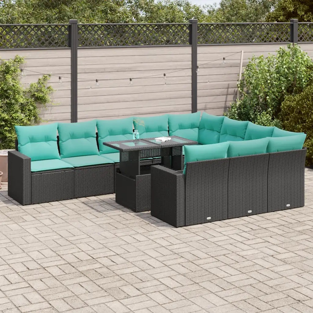 Set Divani Giardino 11 pz con Cuscini Polyrattan Nero Acacia