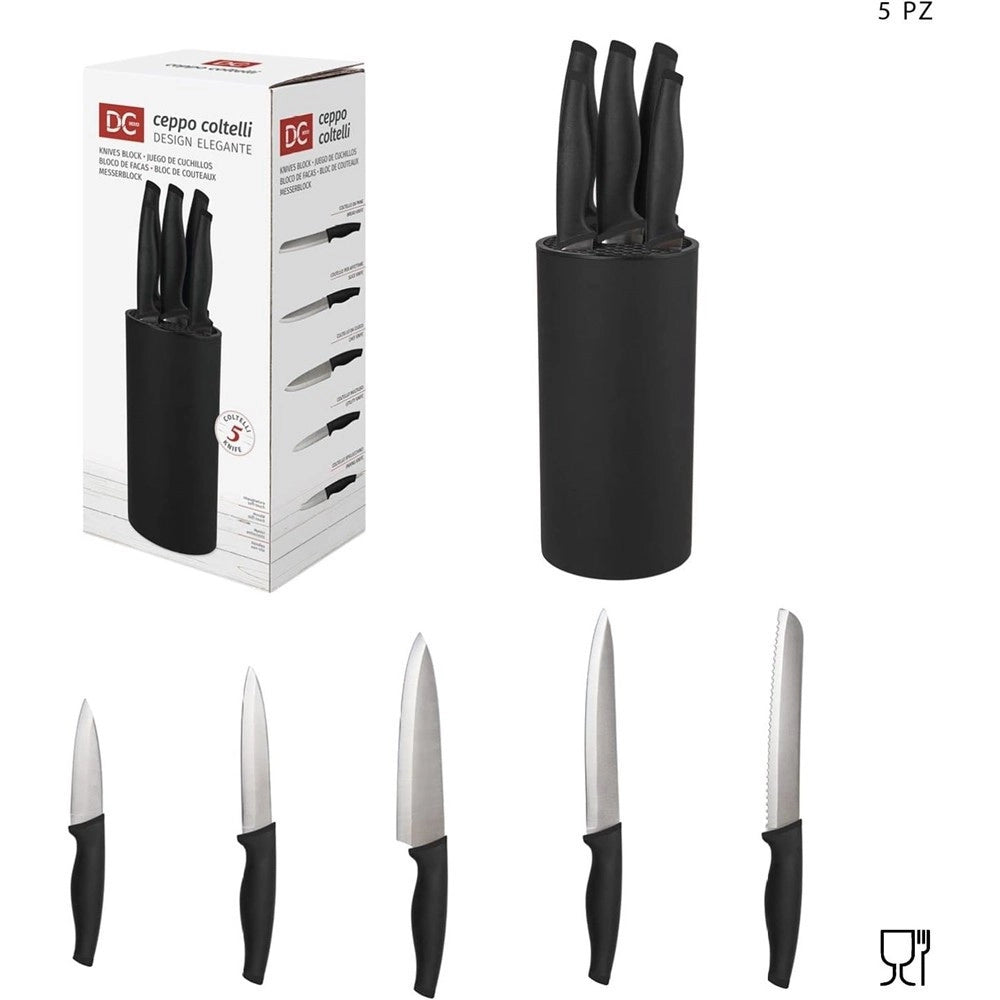 Trade Shop - Set Ceppo 5 Pezzi Coltelli Coltello Nero Design Elegante Utensili Da Cucina -