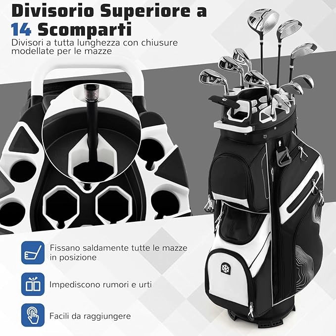 Borsa Carrello da Golf, Sacca da Golf con Serratura e Divisori a 14 Vie, 11 Tasche, Sacca Isolante, Tracolla Imbottita, Maniglie, Porta Ombrello e Cappuccio Antipioggia