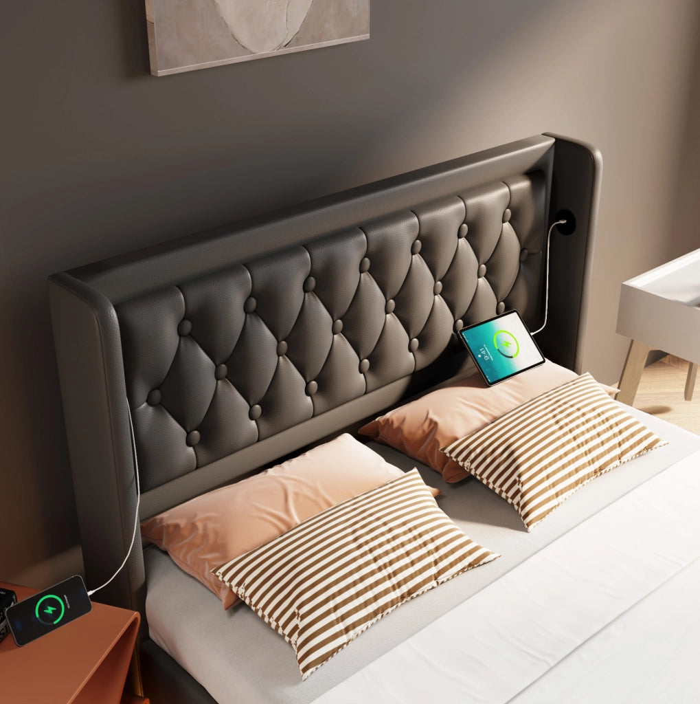 Letto matrimoniale 140x200 cm con contenitore; LED a 3 lati; USB e Type-C; PU nero
