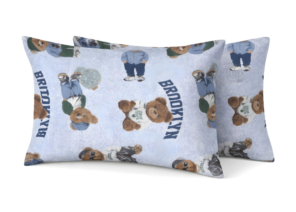 Coppia Federe Cuscino Letto Con Bottoni Laterali 100% Cotone Disegno Teddy GI - Federe - Azzurro