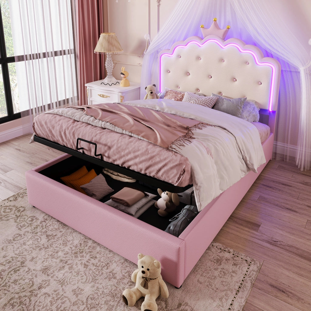 OKWISH Letto Contenitore 140×200 cm, Letto Matrimoniale con LED Regolabile e Contenitore Idraulico, senza Materasso, in PU, Rosa