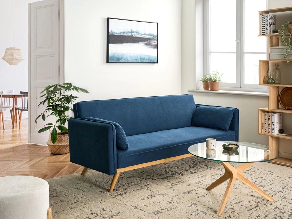 Divano letto tradizionale in tessuto blu a 3 posti con struttura in legno di pino braccioli gambe in metallo