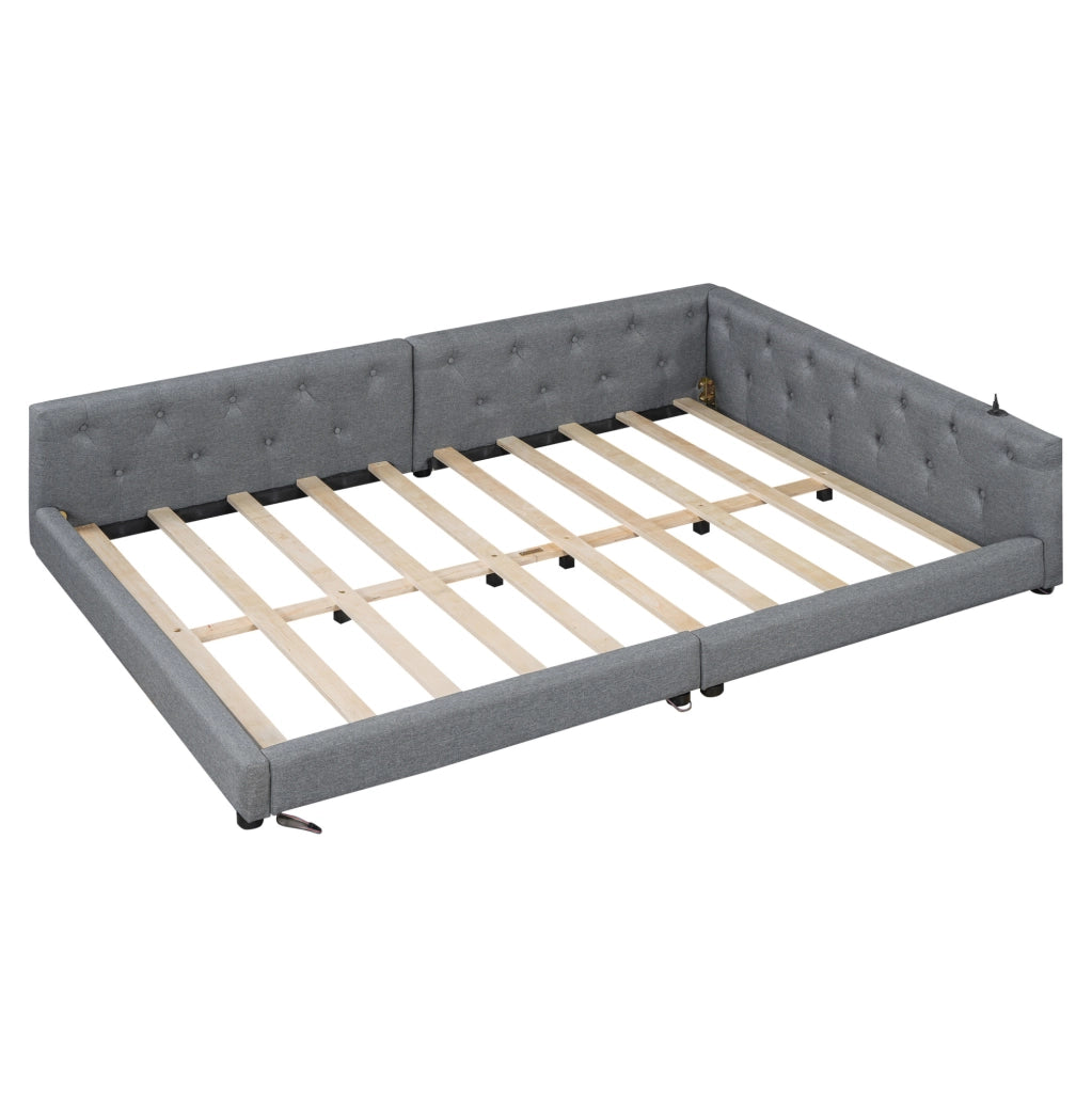 Letto 140x200 cm con LED; USB e Type-C in lino grigio