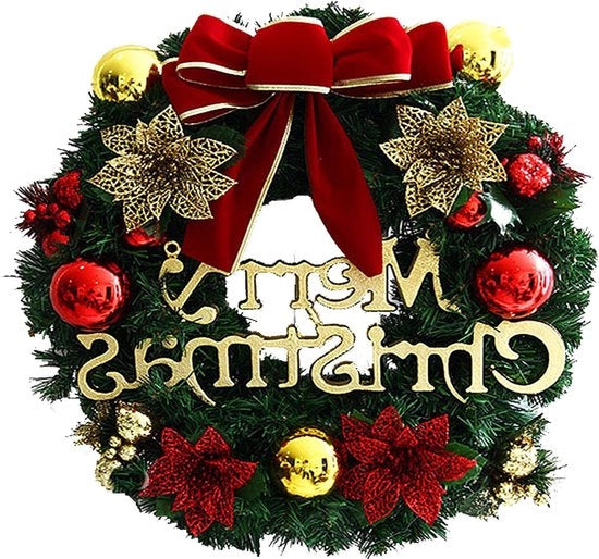 Decorazione di Natale a forma di circolo per finestra con cerniera di sostegno, 30cm, con decorazioni a forma di palline natalizie e bozzoli in vimini rosso carminio.