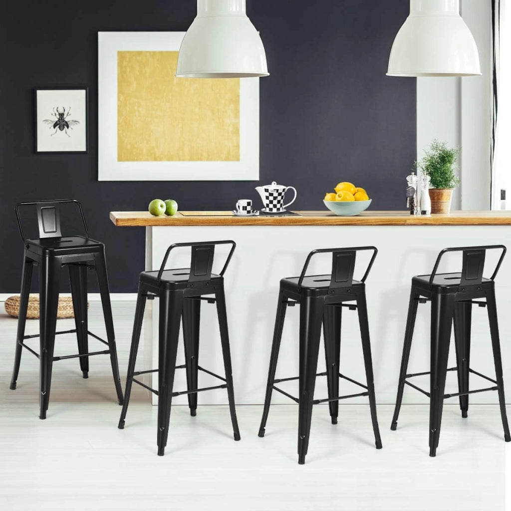 Set di 4 Sgabelli da Bar con Schienale da 94 cm, Sgabelli in Metallo Impilabili con Poggiapiedi per Cucina, Sala da Pranzo e Bar (Nero)