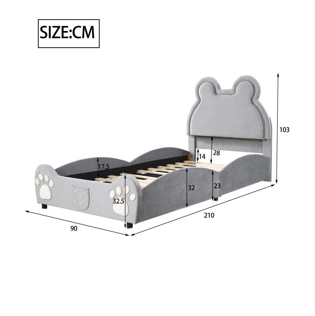 Letto per bambini 90x200 cm a forma di orso; imbottito in tessuto vellutato grigio