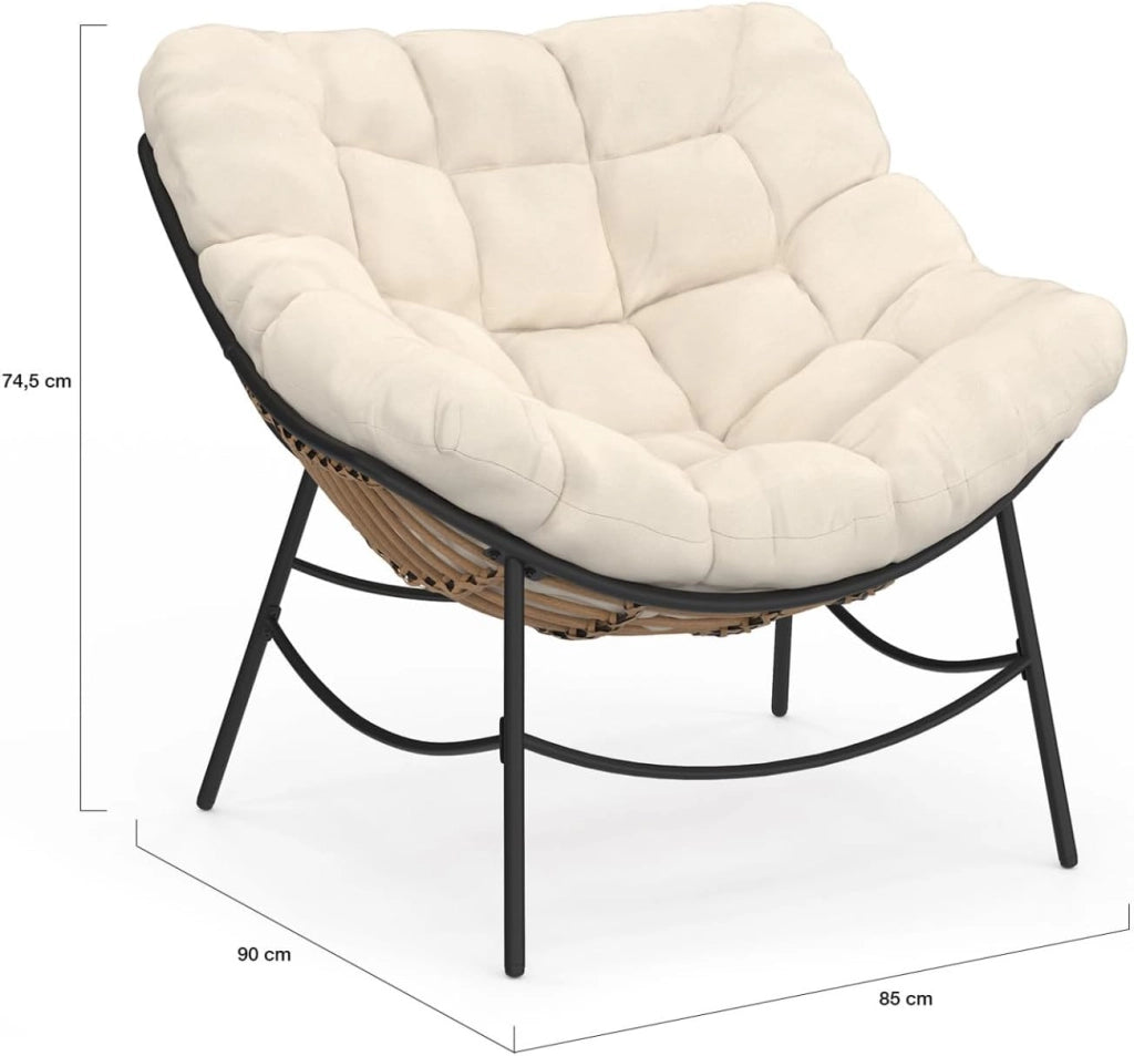 LOA, sdraio da giardino in rattan con cuscino ecrù