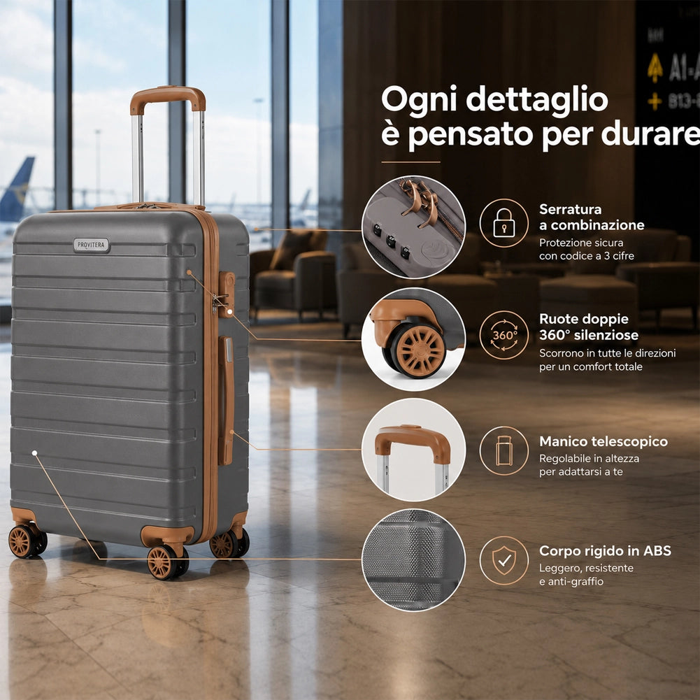 Set 6 Pezzi Valigie Rigide Family in ABS Beauty Case Grigio e Marrone 55/66/75cm