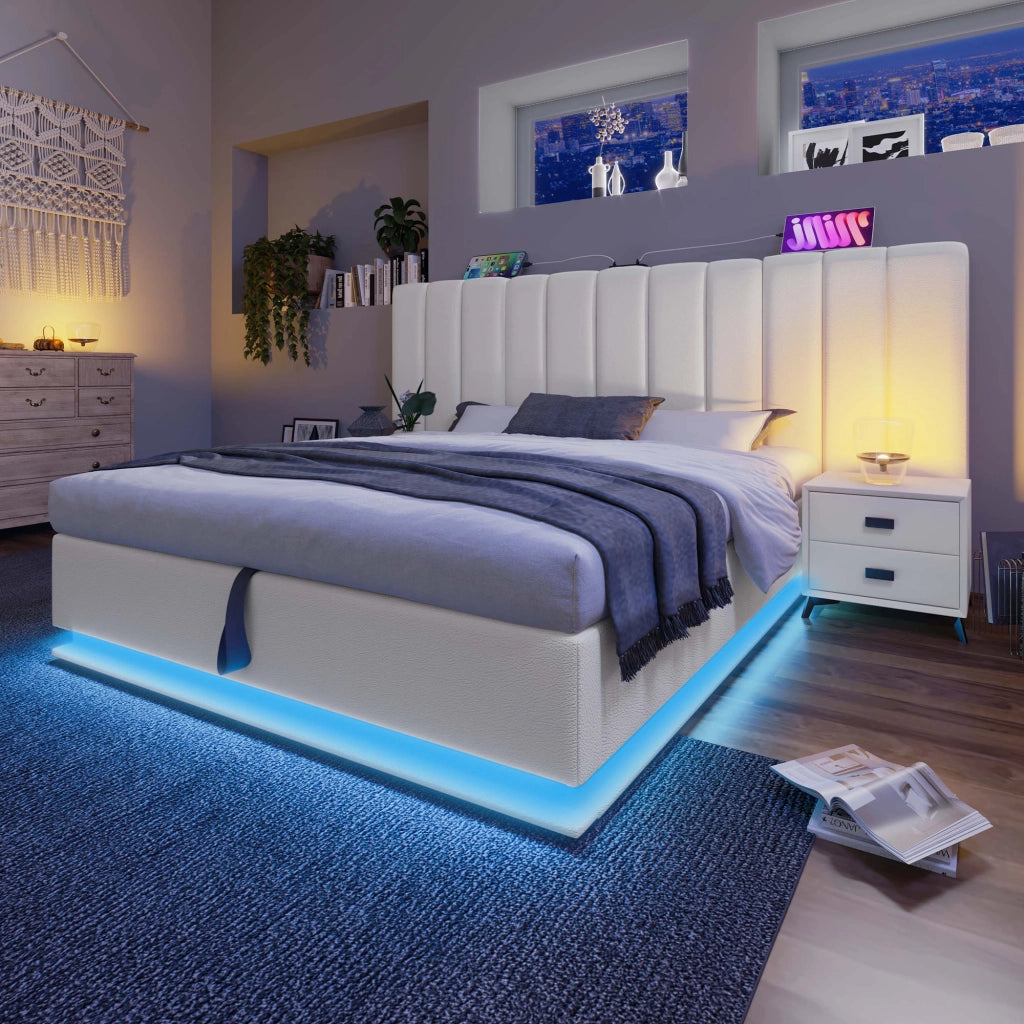 LETTO contenitore 160x200 cm in PU bianco con materasso incluso, LED e USB