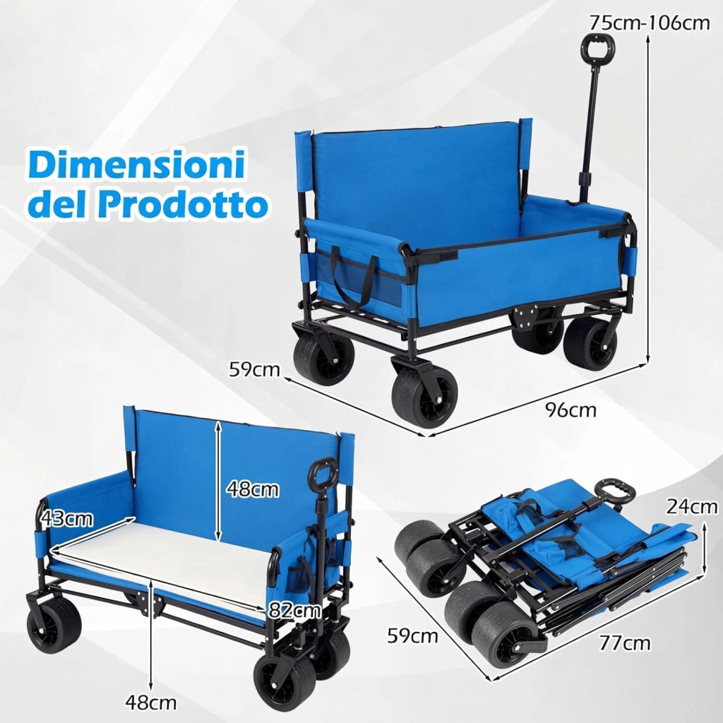 2 in 1 Carrello Pieghevole con Panca, Carrello Trasportabile con Maniglia Regolabile, Cuscini Morbidi e Ruote, Carrello da Giardino in 600D Oxford, 80 kg, 85 L, per Campeggio e Spiaggia (Blu)