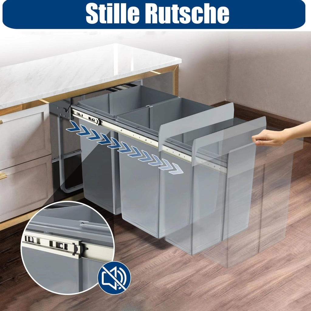 Pattumiera per cucina, 2 scomparti, estensibile, per cucina, armadio inferiore con guide telescopiche, sistema di separazione dei rifiuti, grigio, 1 x 20 L + 1 x 10 L