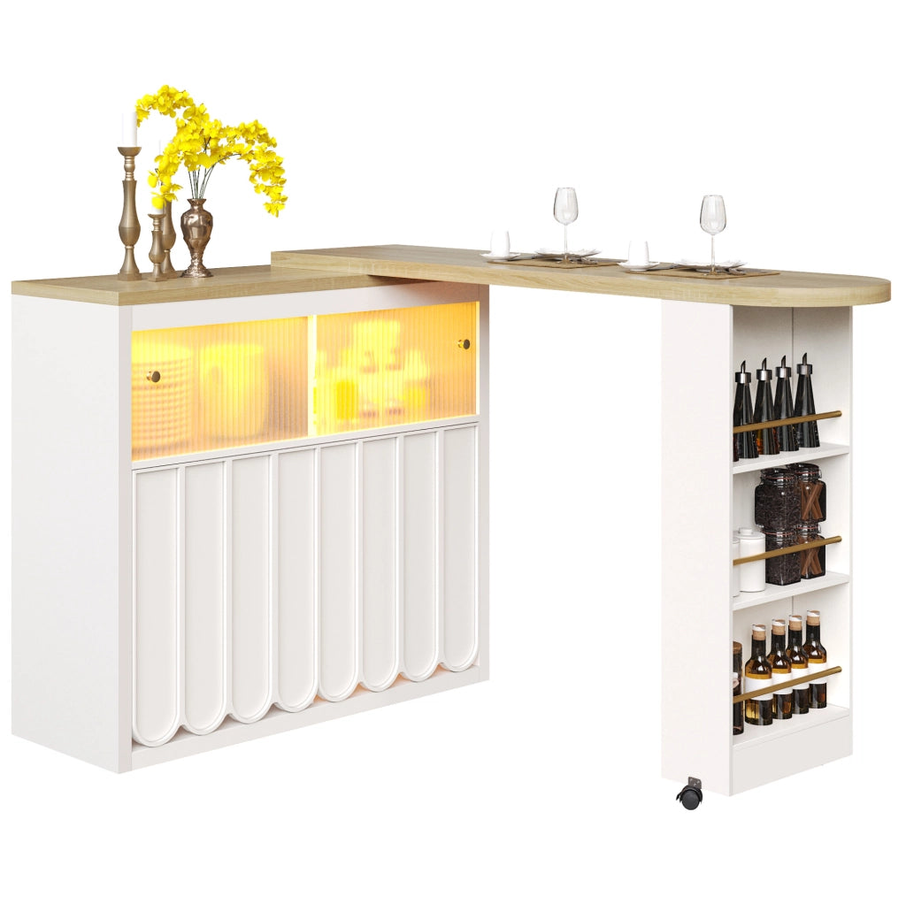 Tavolo bar 135-205x39x100 cm con ruote; LED e vani contenitore in MDF e vetro bianco