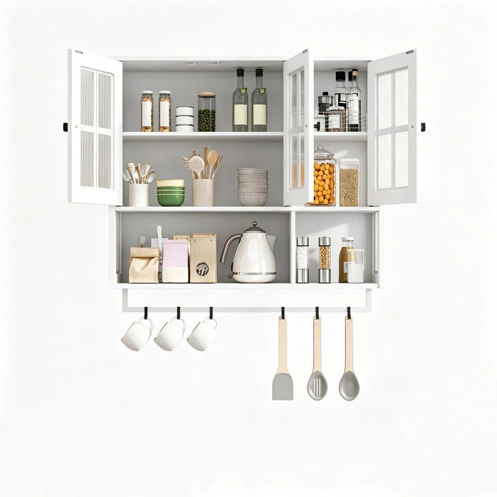 Armadietto Bagno a Muro 3 Ante ¨C MINIMAL ¨C Legno Bianco con Specchio e Ripiani